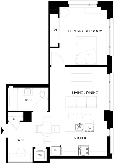 Floor plan for 1 bed, 1 bath, 648 sqft